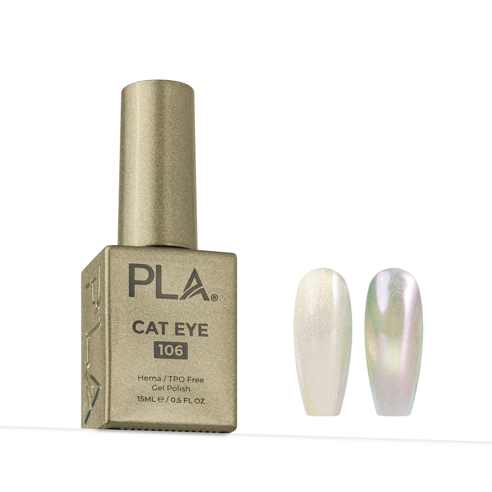 PLA Cat Eye 106 gel nail polish bottle in a metallic gold box next to two false nails showing the iridescent shimmer finish, on a white background.