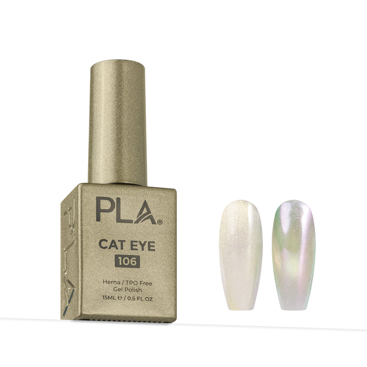 PLA Cat Eye 106 gel nail polish bottle in a metallic gold box next to two false nails showing the iridescent shimmer finish, on a white background.