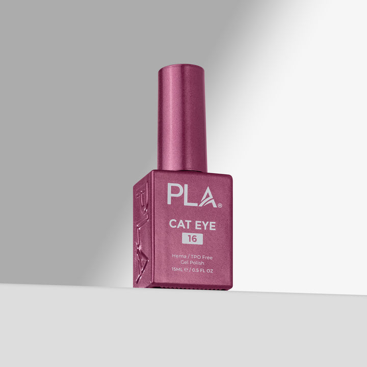 A bottle of PLA Cat Eye gel nail polish in shade 16, featuring a pink cap and a matching square bottle with white text, set against a clean gray studio background.