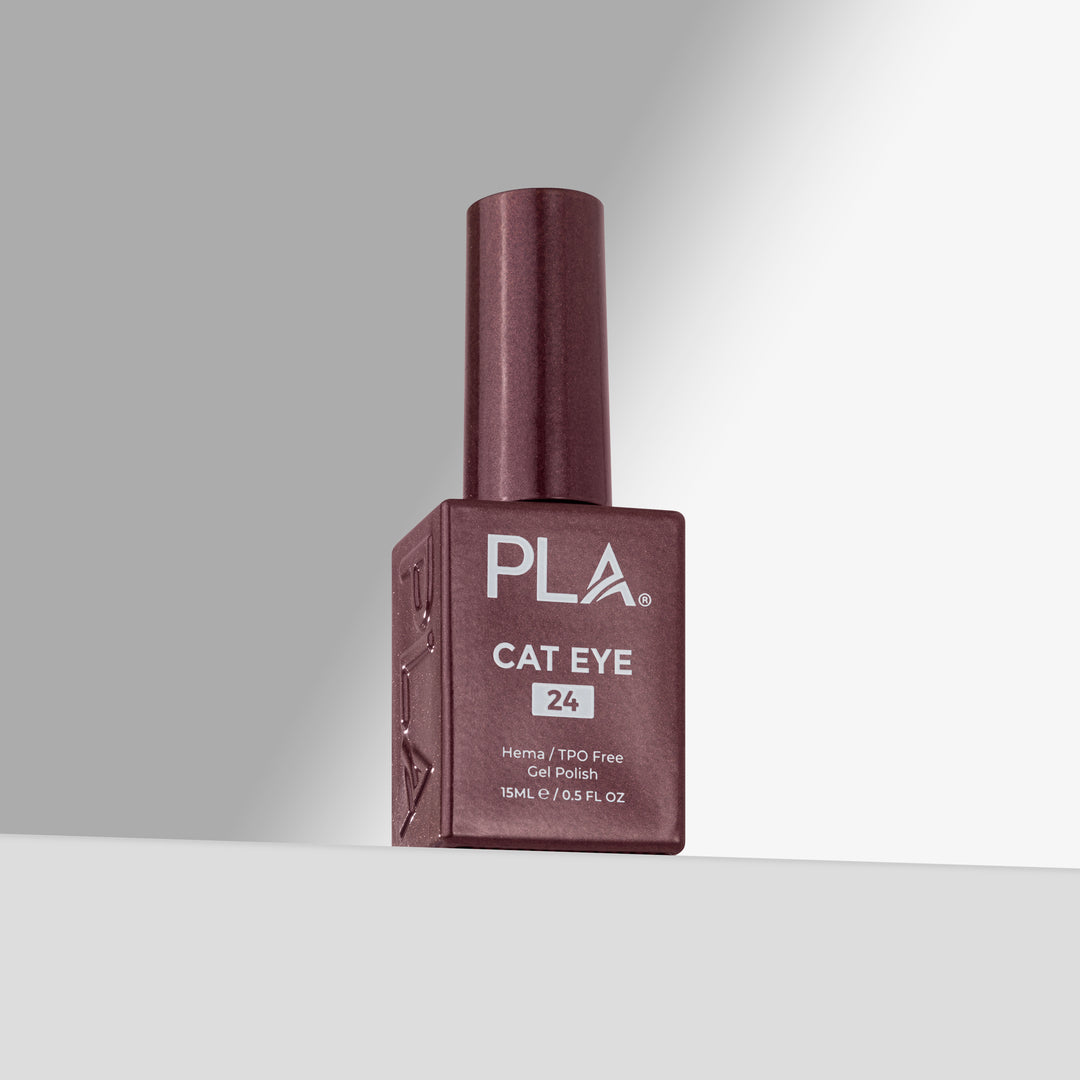 A bottle of PLA Cat Eye nail polish in shade 24, featuring a dark red cap and a matching dark red rectangular bottle with white lettering, set against a clean gray studio background.