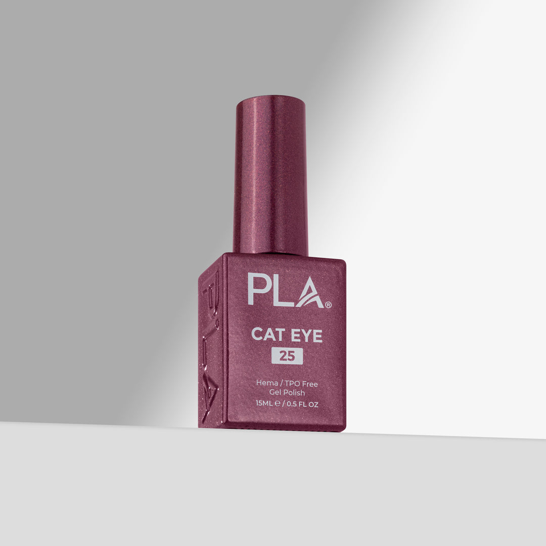 A bottle of PLA Cat Eye gel nail polish in shade 25, featuring a rose pink cap and a matching rose pink bottle with white text, set against a clean gray studio background.