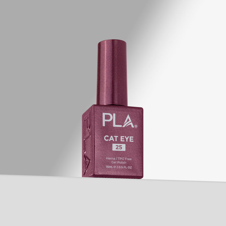 A bottle of PLA Cat Eye gel nail polish in shade 25, featuring a rose pink cap and a matching rose pink bottle with white text, set against a clean gray studio background.