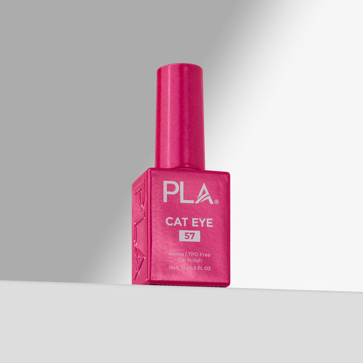 A bottle of PLA Cat Eye gel nail polish in shade 57, featuring a vibrant magenta-pink bottle and cap with white lettering, set against a clean gray studio background 