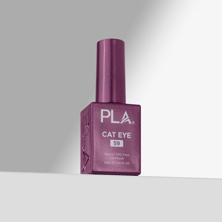 A bottle of PLA Cat Eye nail polish in shade 59, featuring a purple cap and a matching purple rectangular bottle with white text, set against a clean gray studio background.