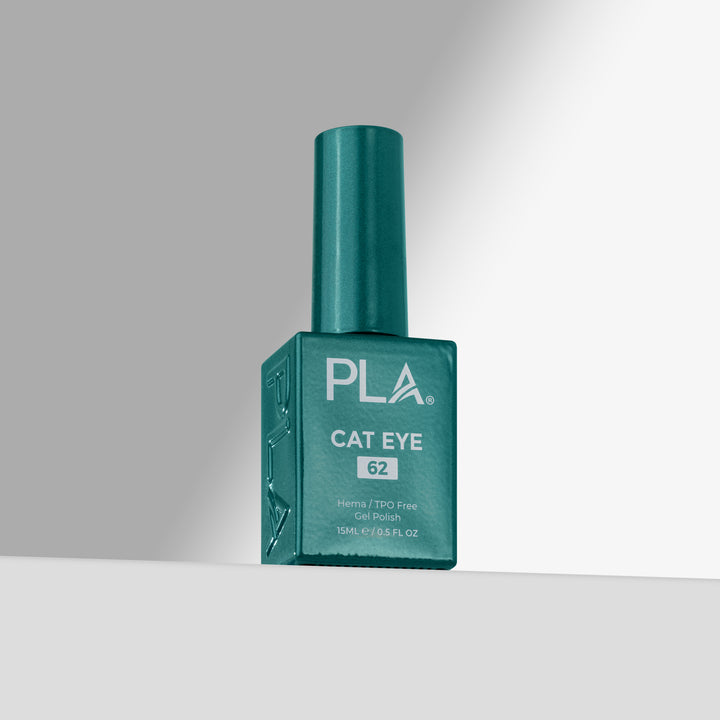 A bottle of PLA Cat Eye gel nail polish in shade 62, featuring a teal-green cap and a matching square bottle with white text, set against a clean gray studio background.
