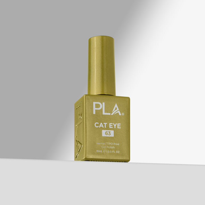 A bottle of PLA Cat Eye gel nail polish in shade 63, featuring a yellow rectangular bottle and matching cap, set against a clean gray gradient background.