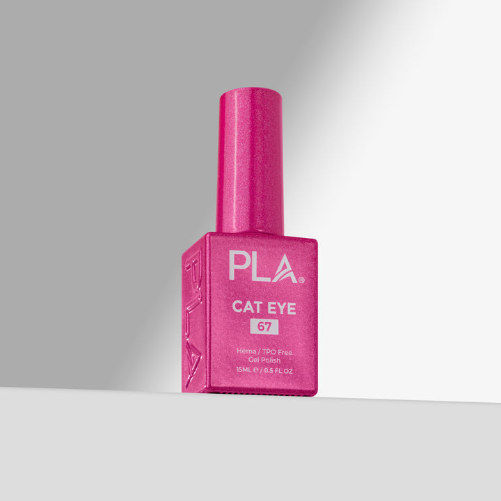 A bottle of PLA Cat Eye gel nail polish in shade 67, featuring a sparkling magenta-pink cap and a matching glittery pink square bottle with white text, set against a clean gray gradient background.