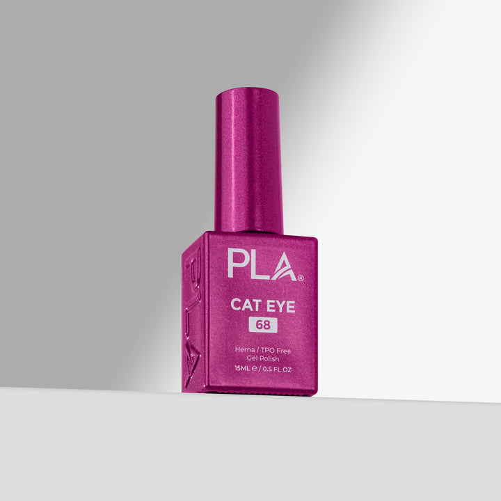 A bottle of PLA Cat Eye gel nail polish in shade 68, featuring a magenta-pink cap and a matching pink bottle with white text, set against a clean gray studio background.