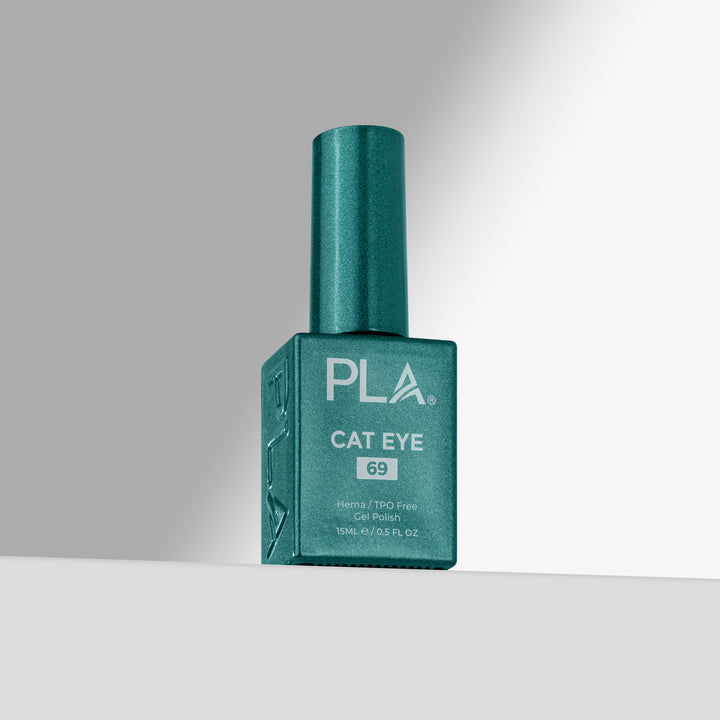 A bottle of PLA Cat Eye gel nail polish in shade 69, featuring a teal-green cap and a matching teal-green bottle with white text, set against a clean gray gradient background.
