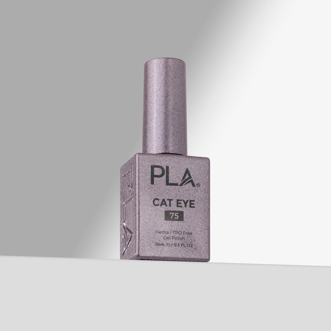 A bottle of PLA Cat Eye gel nail polish in shade 75, featuring a lavender-purple cap and a matching purple bottle with black lettering, set against a clean gray studio background.