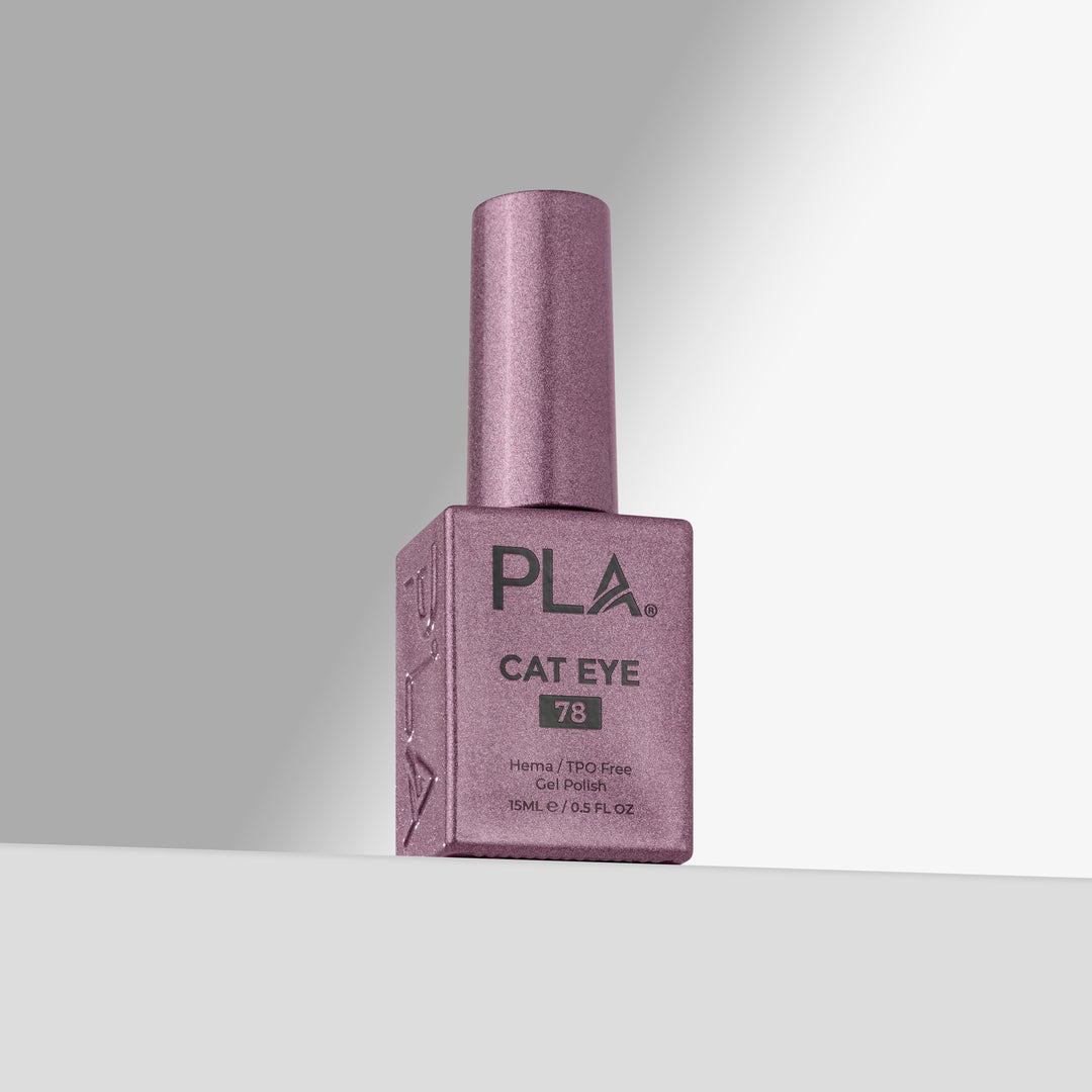 A bottle of PLA Cat Eye gel nail polish in shade 78, featuring a lavender-purple cap and a matching purple bottle with black lettering, set against a clean gray gradient background.