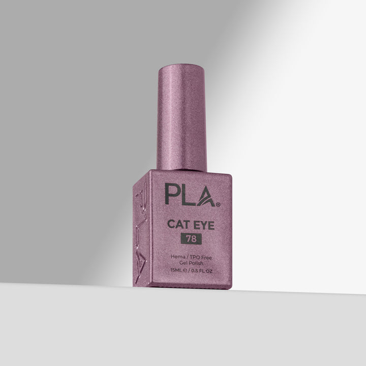 A bottle of PLA Cat Eye gel nail polish in shade 78, featuring a lavender-purple cap and a matching purple bottle with black lettering, set against a clean gray gradient background.