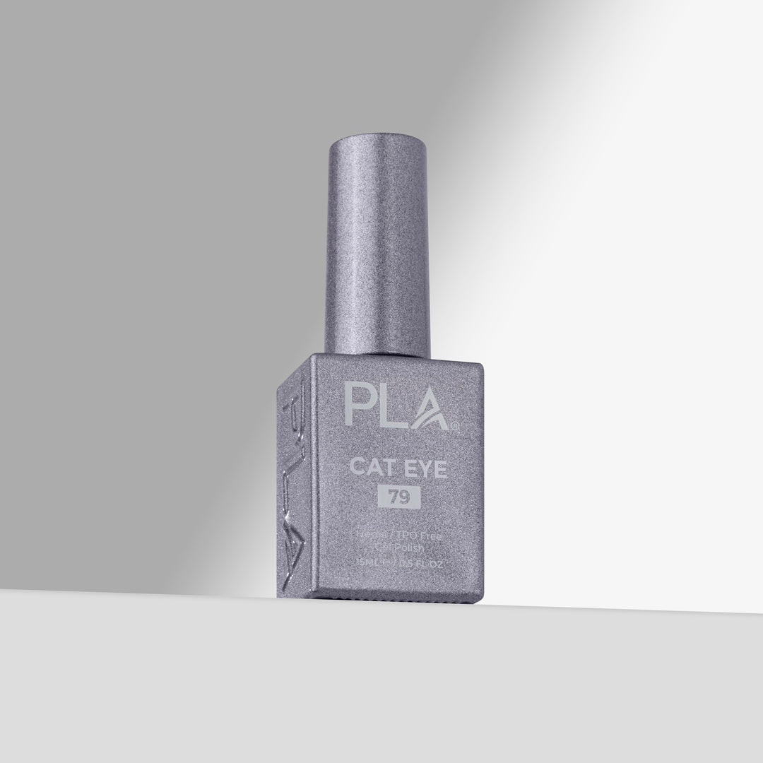 A single bottle of PLA Cat Eye gel nail polish in shade 79, featuring a silver cap and a silver-gray square bottle, set against a clean gray studio background 