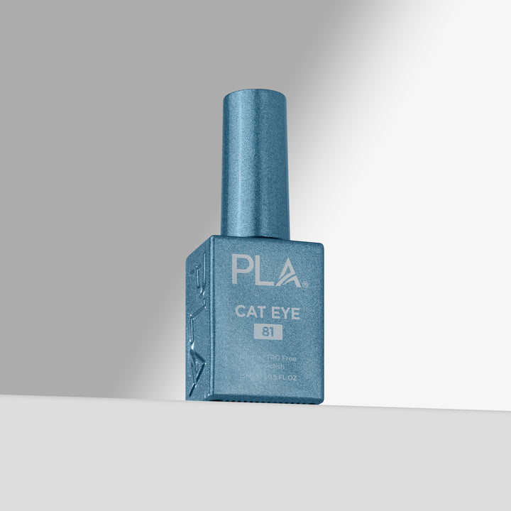 A single bottle of PLA Cat Eye nail polish in shade 81, featuring a blue finish with a matching cap, set against a clean gray studio background.