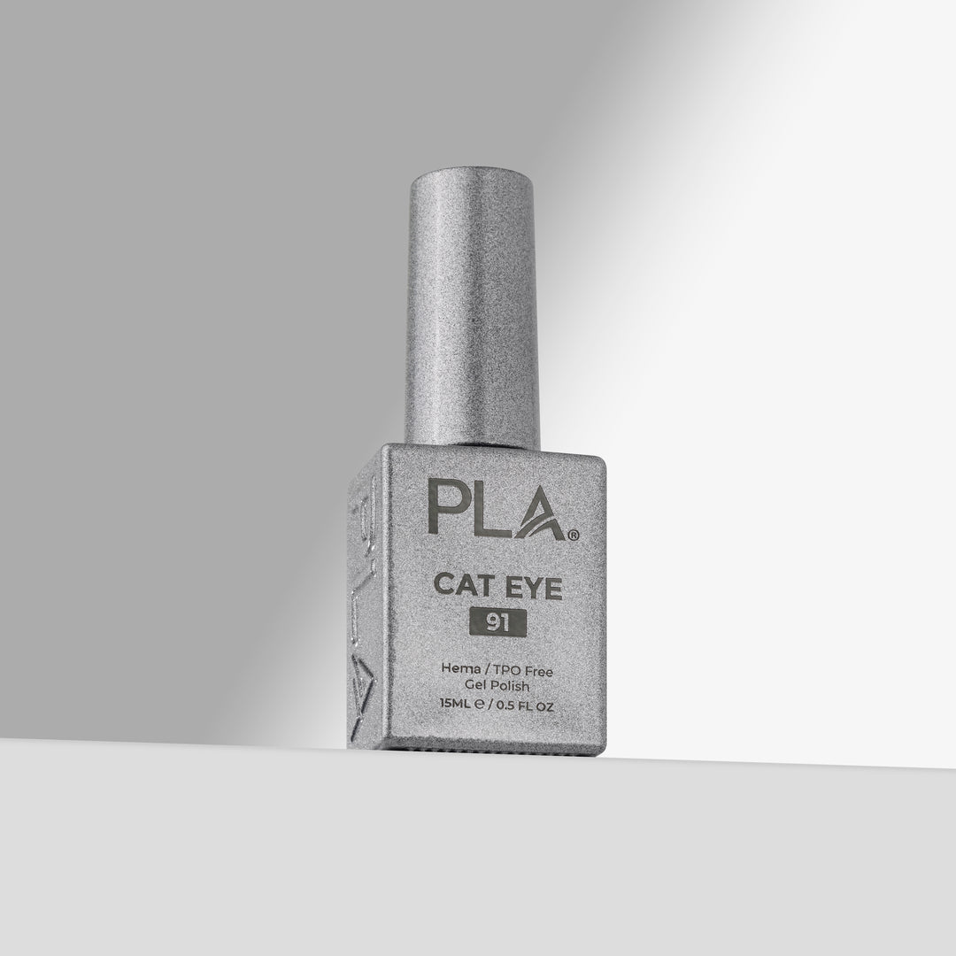 A bottle of PLA Cat Eye gel nail polish in shade 91, featuring a silver cap and a silver-gray bottle with black lettering, set against a clean light gray background 