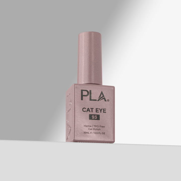A bottle of PLA Cat Eye gel nail polish in shade 93, featuring a pink cap and a matching pink bottle with black text, set against a clean gray studio background.