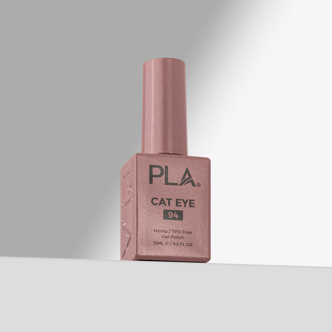 A bottle of PLA Cat Eye nail gel polish in shade 94, featuring a pink cap and a matching pink rectangular bottle with black text, set against a clean gray gradient background.