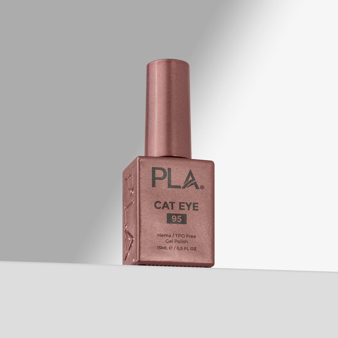 A bottle of PLA Cat Eye gel nail polish in shade 95, featuring a rose gold cap and a matching square bottle on a light gray background.