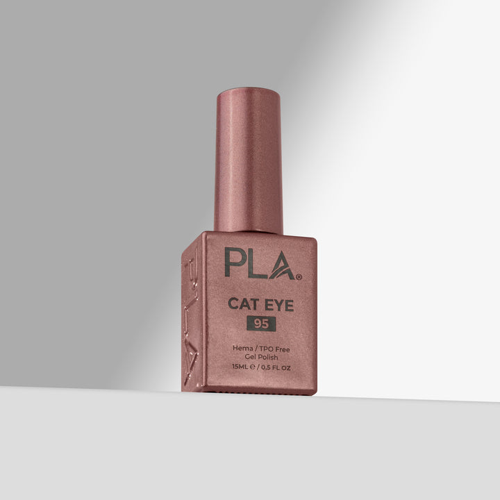 A bottle of PLA Cat Eye gel nail polish in shade 95, featuring a rose gold cap and a matching square bottle on a light gray background.