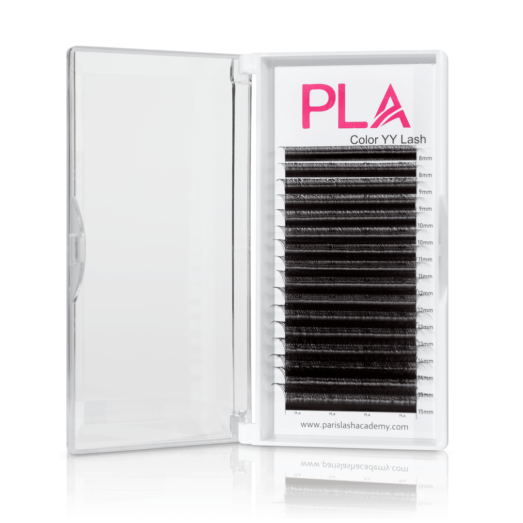 PLA's YY Brown Lash Extensions, Mix (front view of the open lash tray)