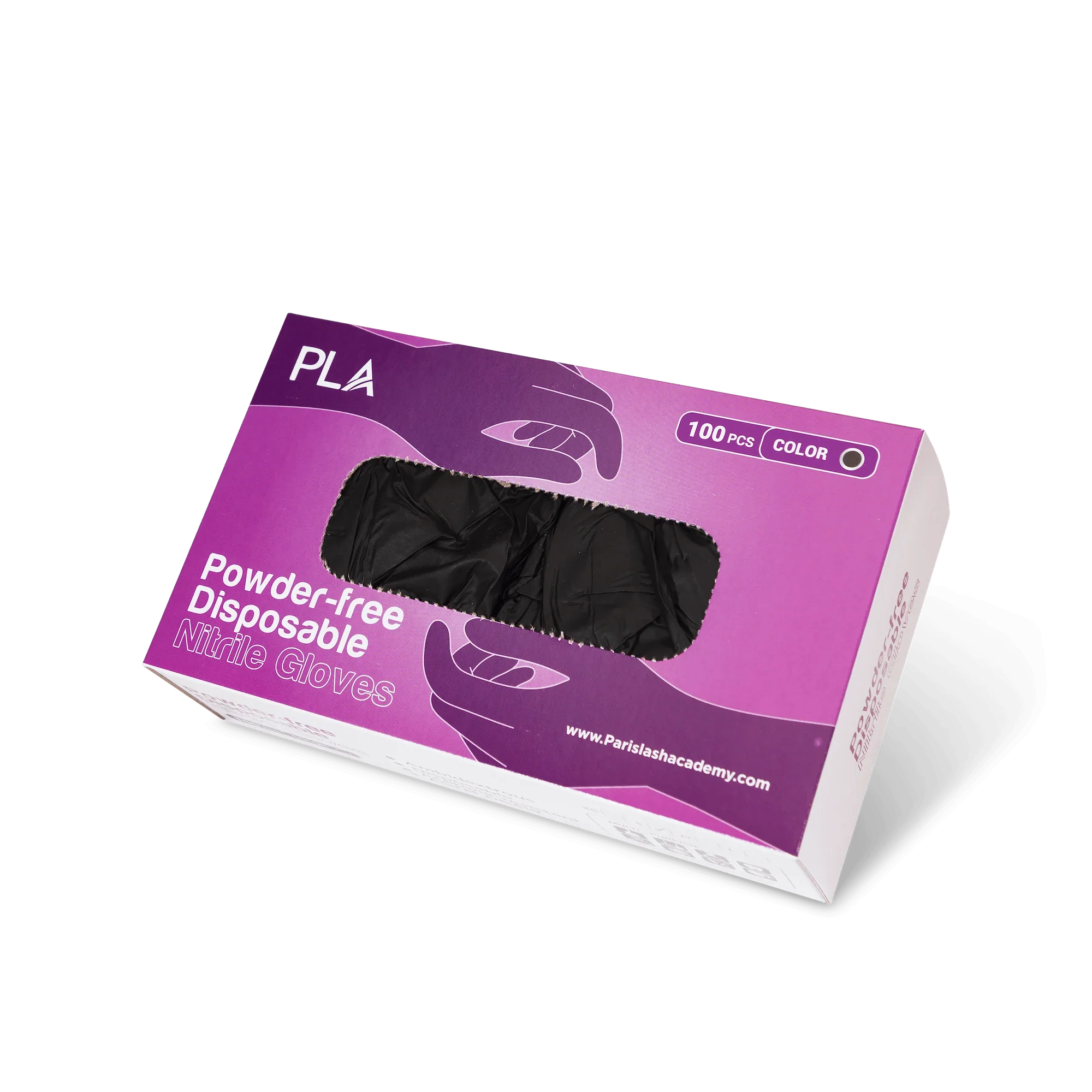 Nitrile Disposable Gloves from PLApro: Black (front view of box and gloves in box)