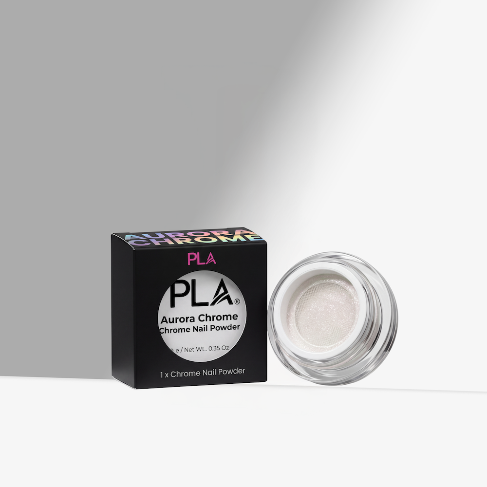 PLA Aurora Chrome Nail Powder in packaging with container posed next to box.