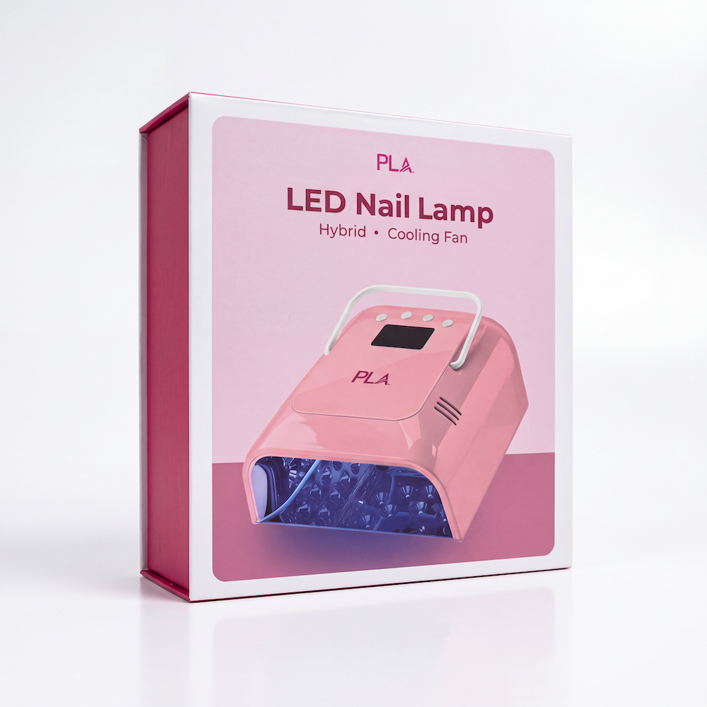 PLA LED Pink Nail Lamp hybrid cooling fan in its retail packaging, featuring a white box with pink accents and an illustration of the lamp on a clean white background.