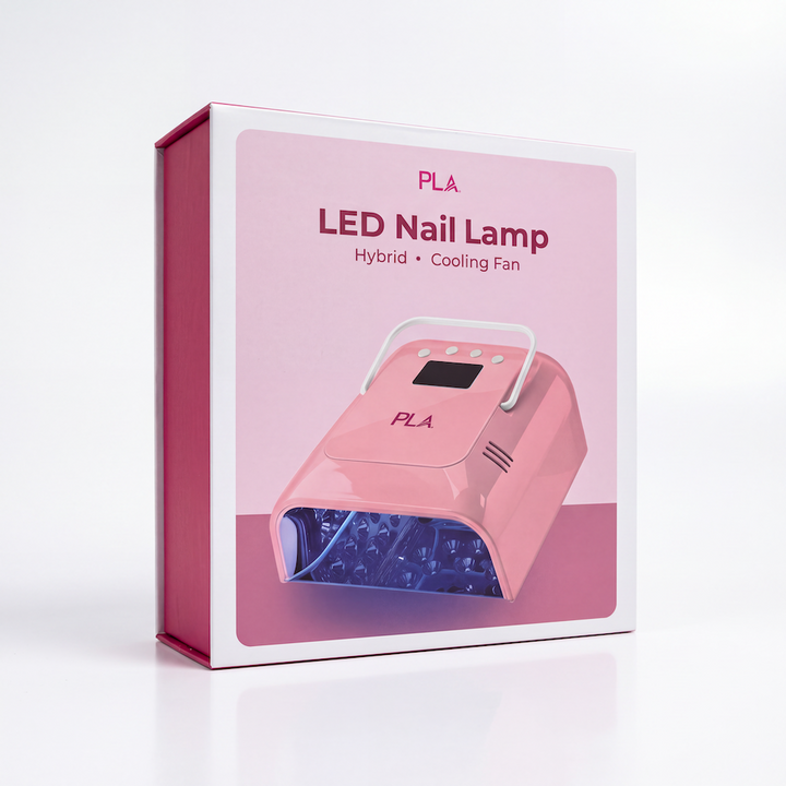 PLA LED Pink Nail Lamp hybrid cooling fan in its retail packaging, featuring a white box with pink accents and an illustration of the lamp on a clean white background.