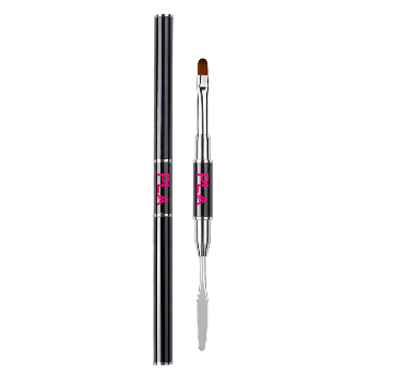 Nail brush with black handle and pink accents on a white background