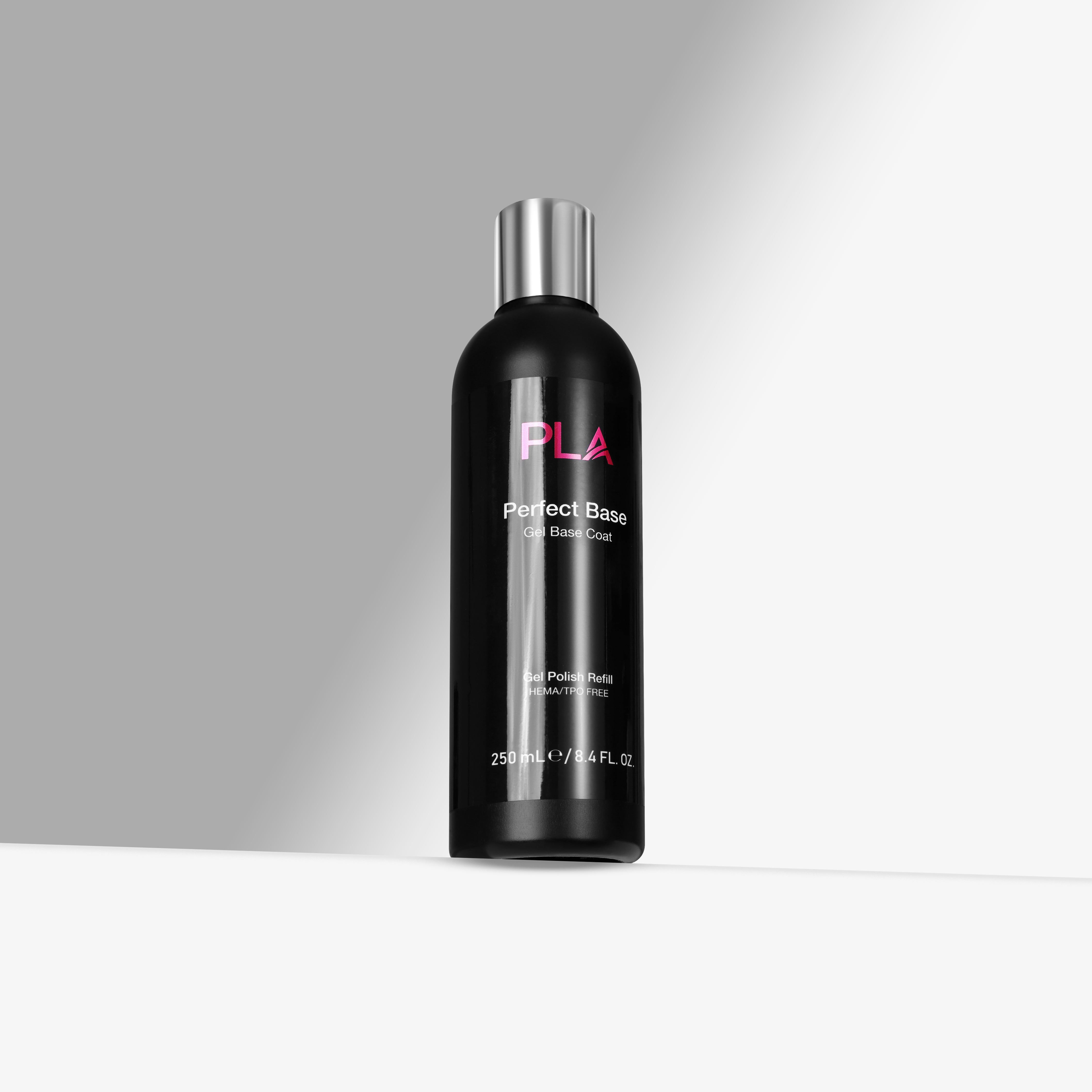 Perfect Base 250ml Black bottle with silver cap labeled 'PLA' on a gray background