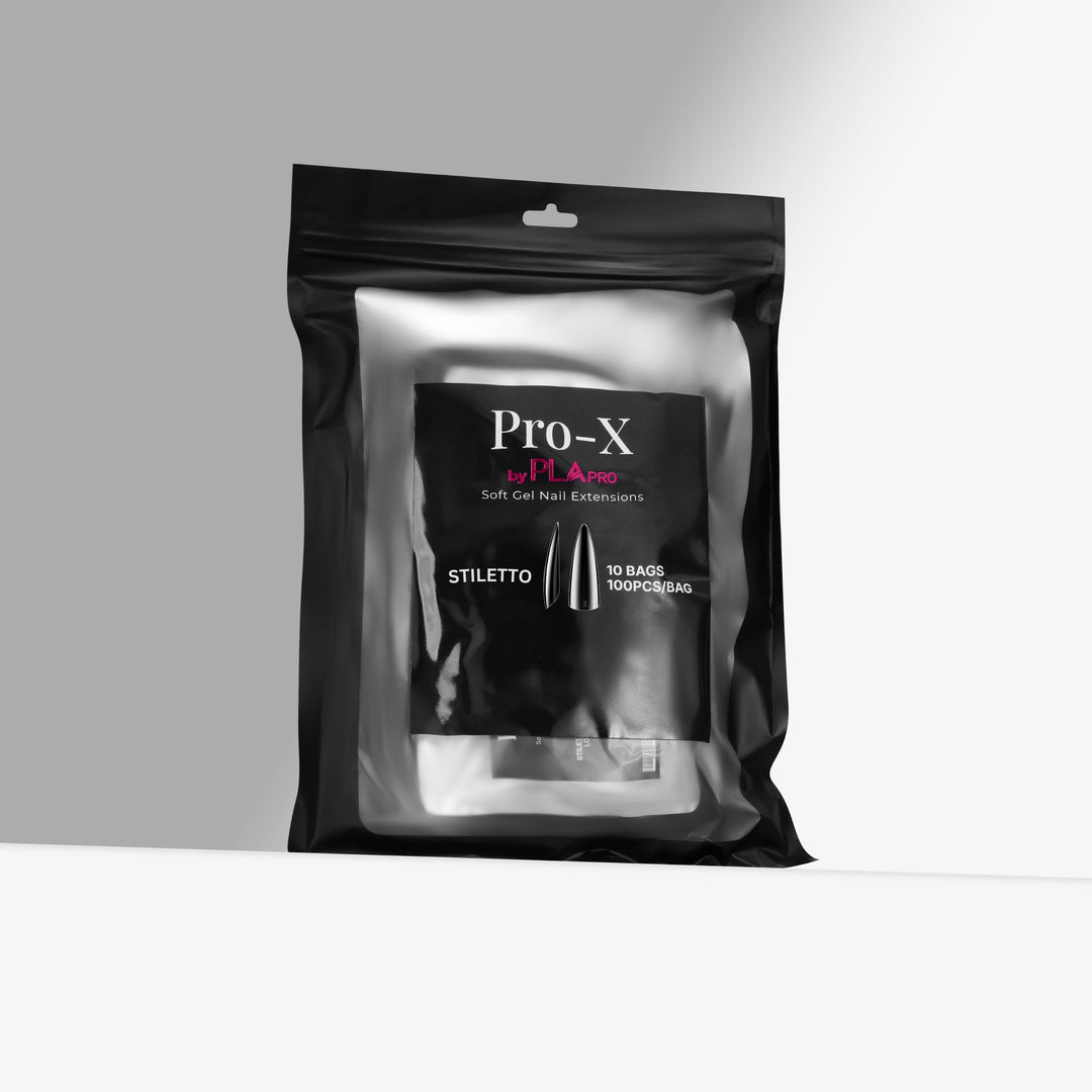 Pro-X soft gel nail extensions packaging on a gray background