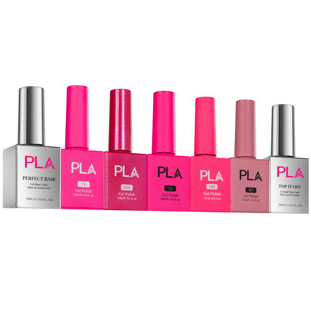 Set of PLA nail polish bottles on a white background