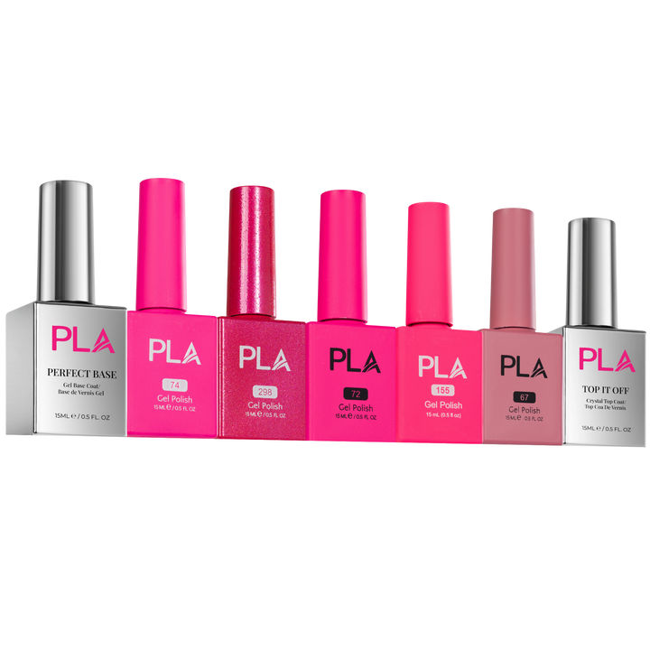Set of PLA nail polish bottles on a white background