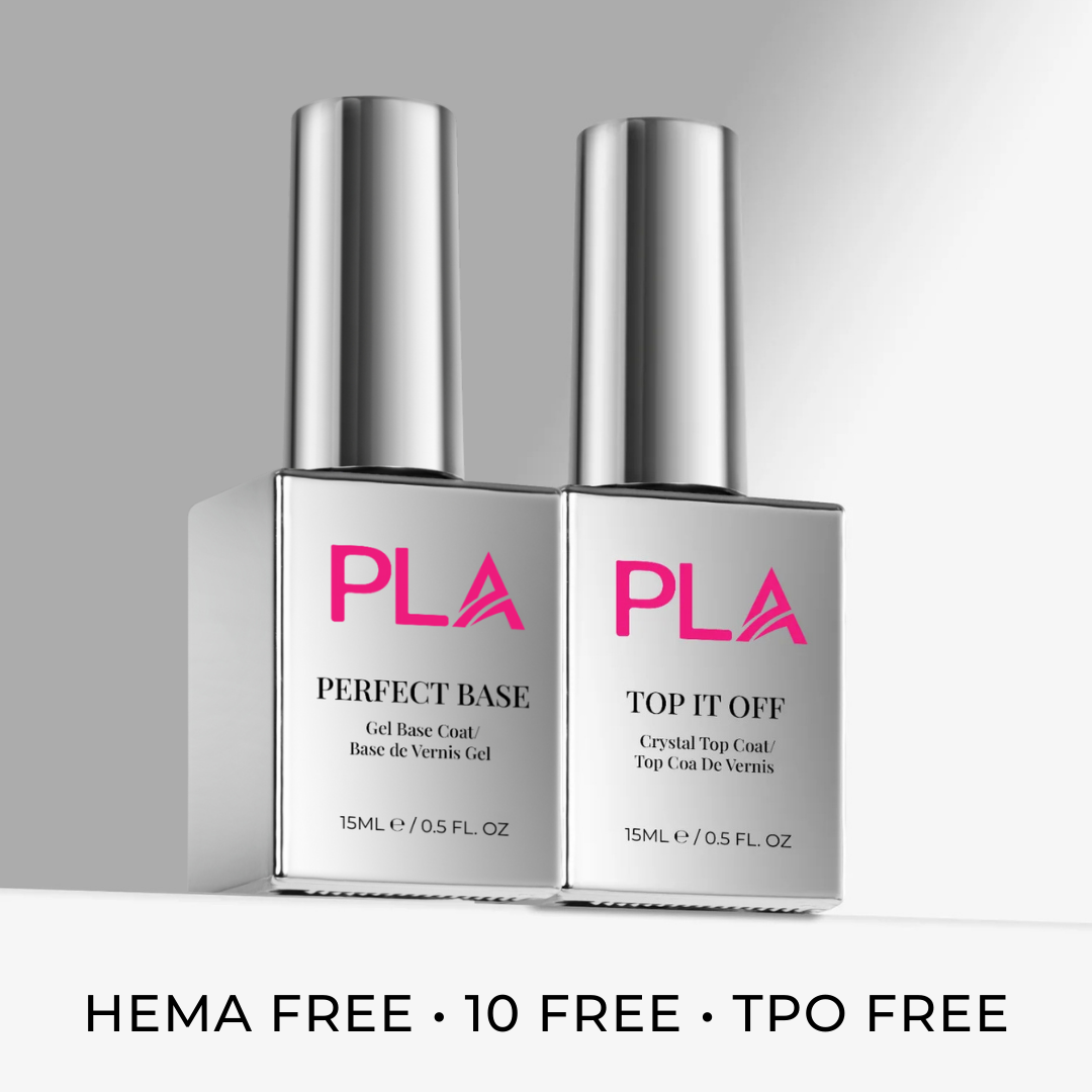 Two silver bottles of PLA top and base coat with pink logo on a gray background