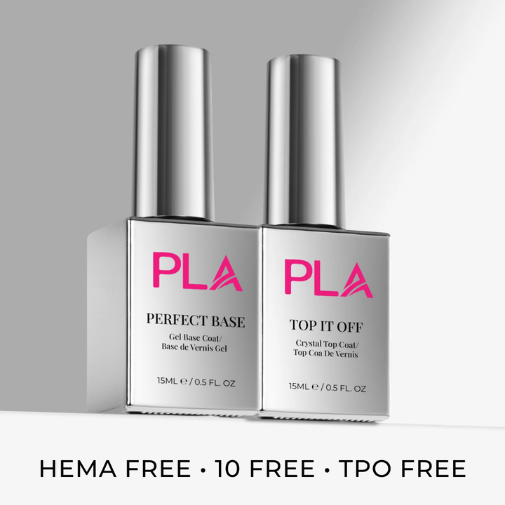 Two silver bottles of PLA top and base coat with pink logo on a gray background