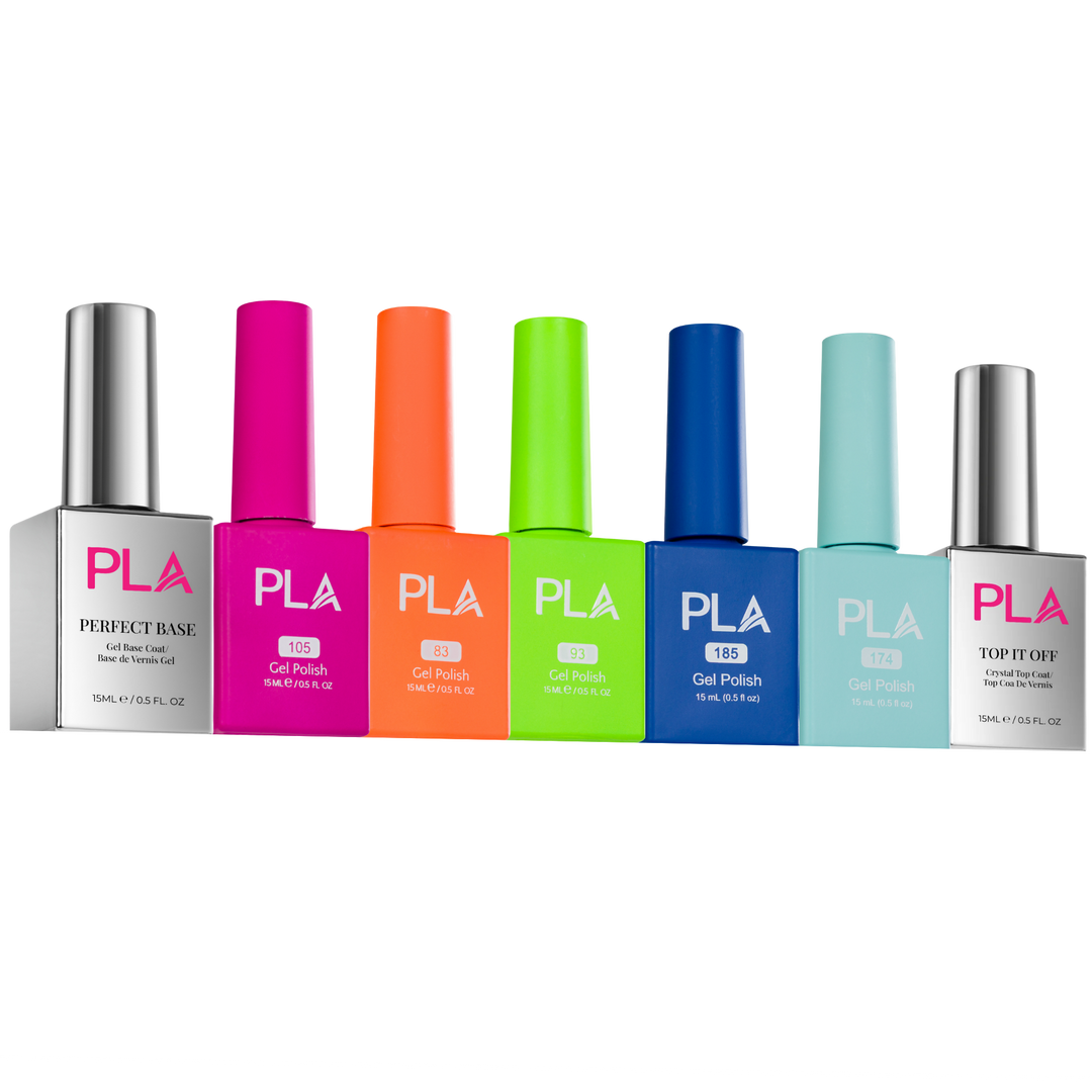 Set of colorful nail polish bottles with &