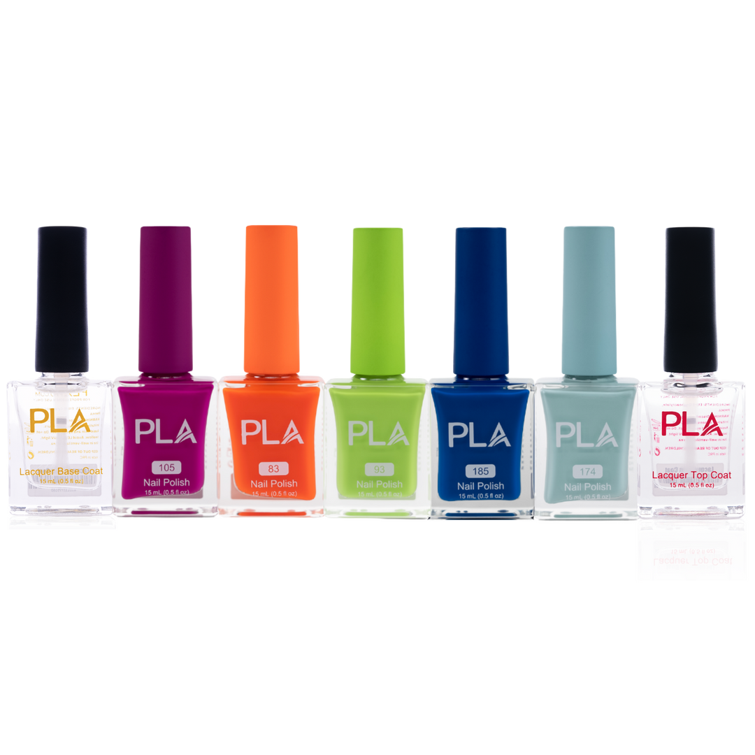 Set of PLA nail polish bottles in various colors on a white background