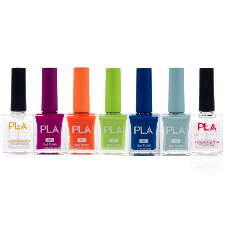 Set of PLA nail polish bottles in various colors on a white background