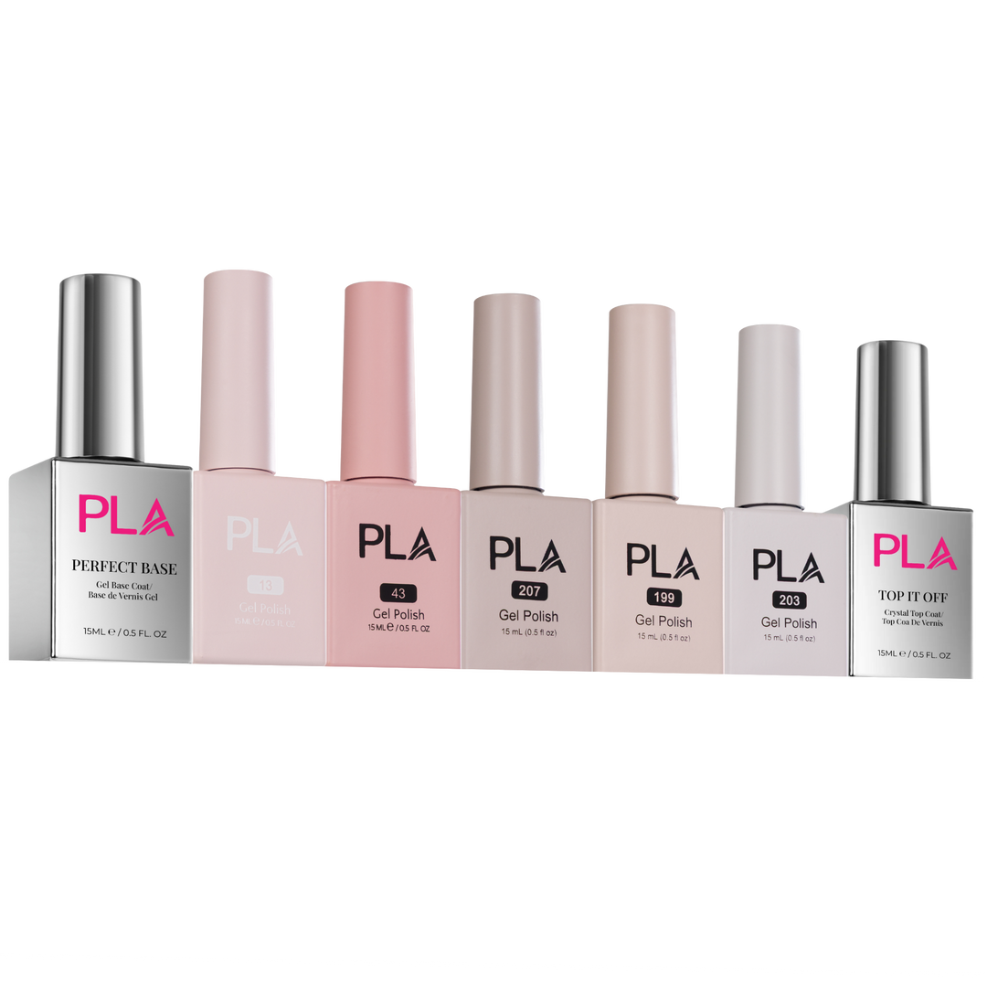 Set of PLA nail polish bottles on a white background