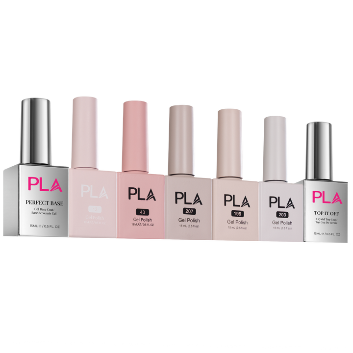 Set of PLA nail polish bottles on a white background