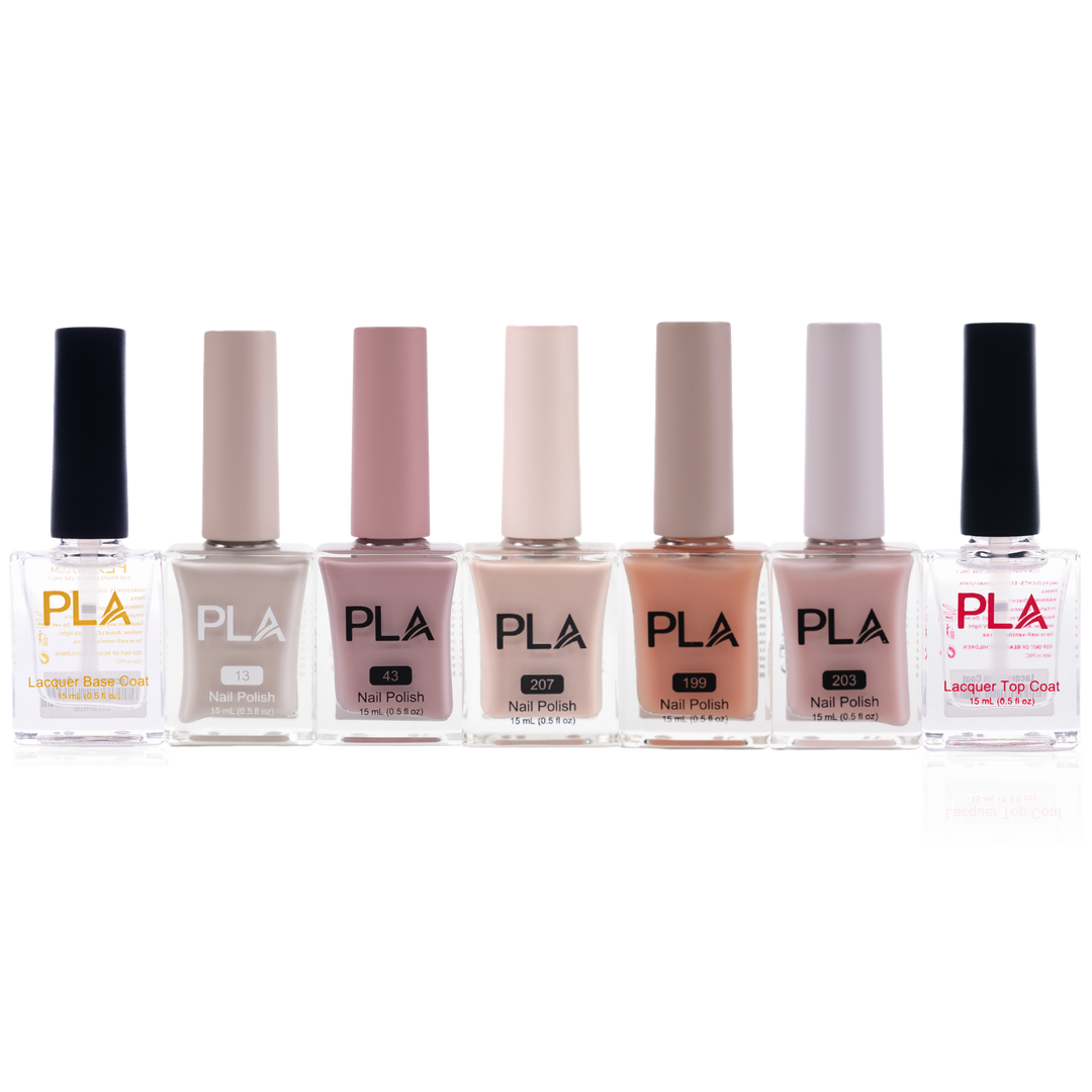 Set of PLA nail polish bottles on a white background