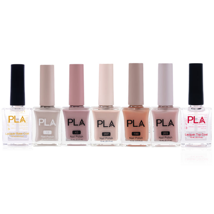 Set of PLA nail polish bottles on a white background