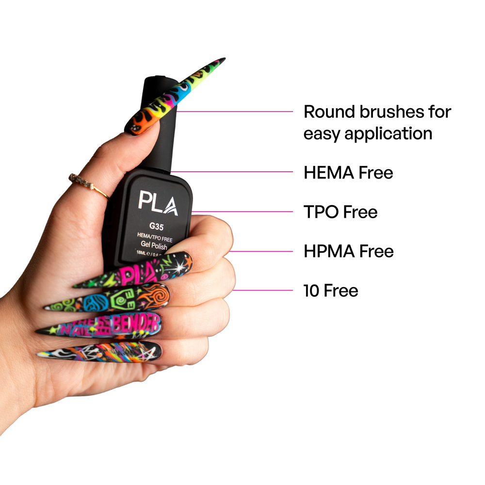 A hand with long, brightly colored nail art holds a black bottle of PLA gel nail polish. The image includes pink callout lines and text listing product features: round brushes for easy application, HEMA free, TPO free, HPMA free, and 10 free.