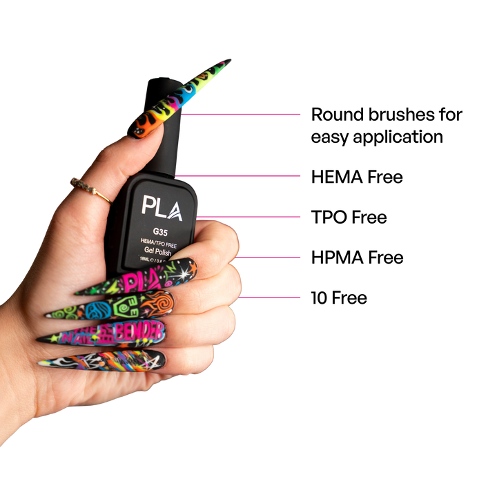 A hand with long, brightly colored nail art holds a black bottle of PLA gel nail polish. The image includes pink callout lines and text listing product features: round brushes for easy application, HEMA free, TPO free, HPMA free, and 10 free.