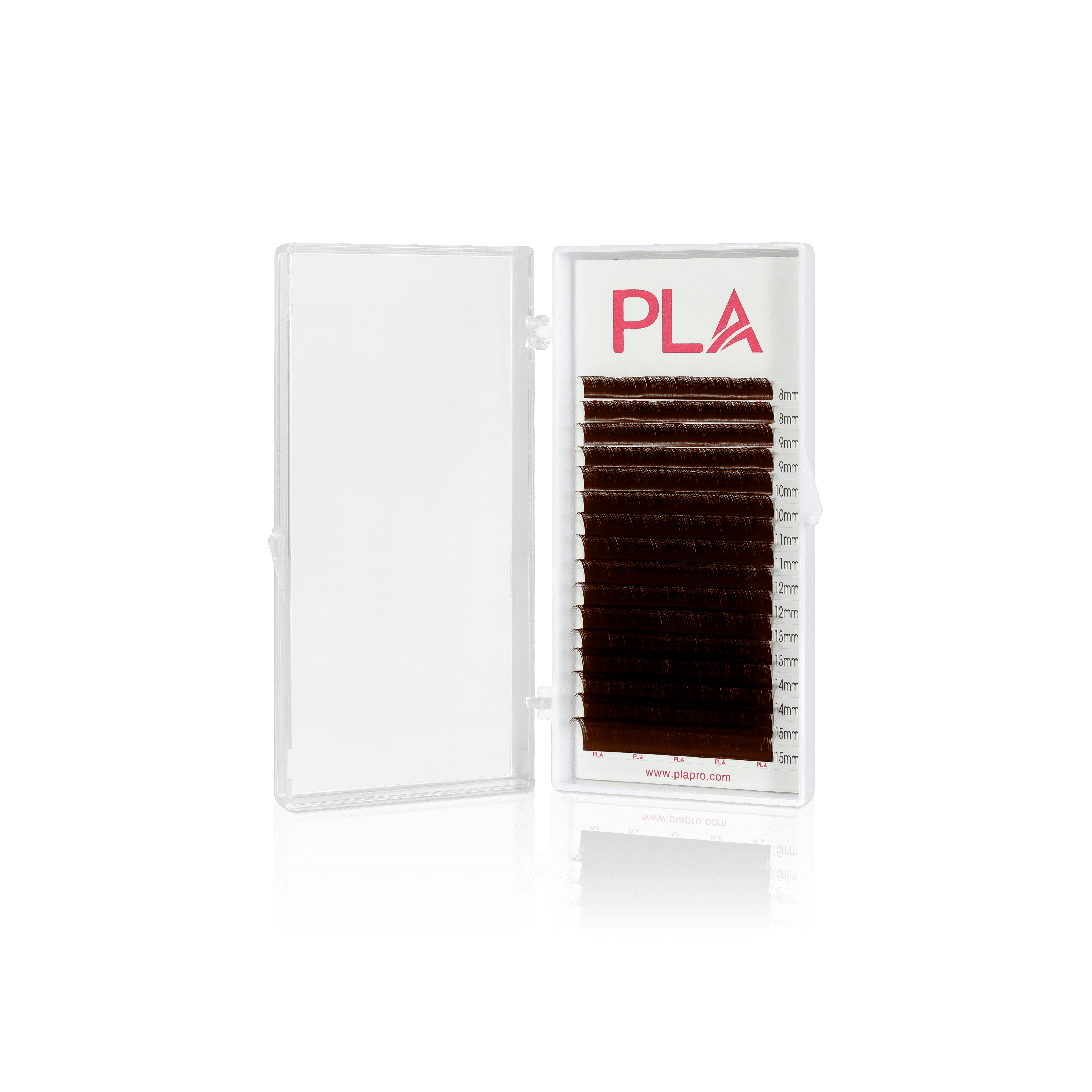 Dark Brown lashes in PLA's 0.05 Color Lash Tray (front view of the open tray)