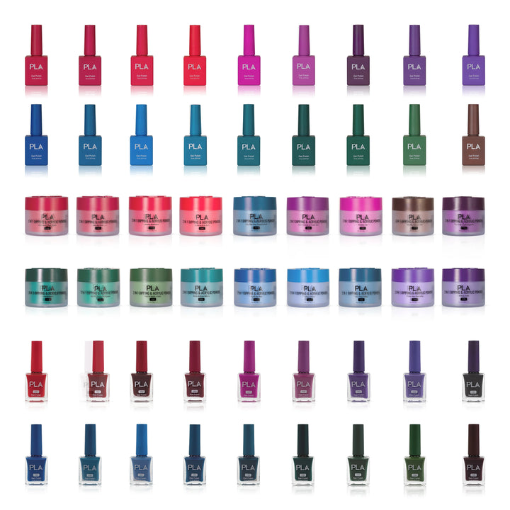PLA Trio Nail Collection Set (front view of the gel polishes, lacquer polishes, and dip & acrylic powder jars)