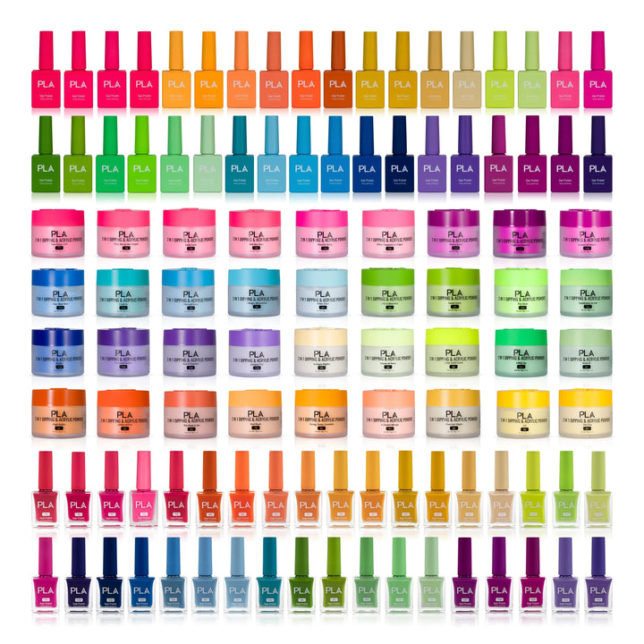 PLA Trio Nail Collection Set (front view of the gel polishes, lacquer polishes, and dip & acrylic powder jars)