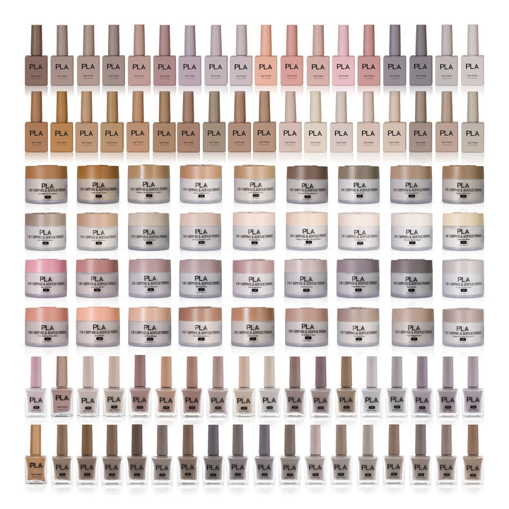 PLA Trio Nail Collection Set (front view of the gel polishes, lacquer polishes, and dip & acrylic powder jars)