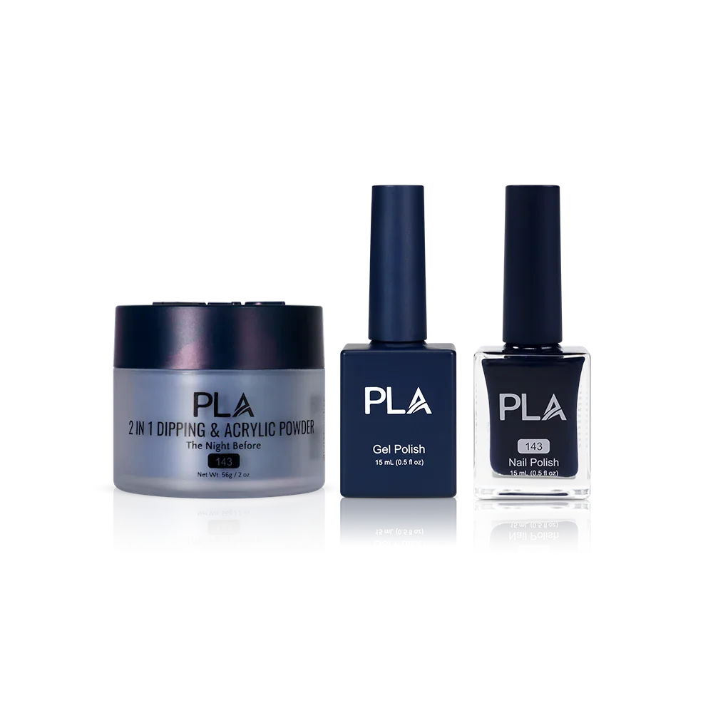 PLA Nail Trio Set (front view of gel polish, lacquer polish, and dip & acrylic powder jar)