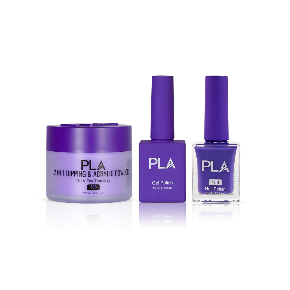 PLA Nail Trio Set (front view of gel polish, lacquer polish, and dip & acrylic powder jar)